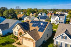 Residential solar panels on rooftops showcasing sustainable energy solutions