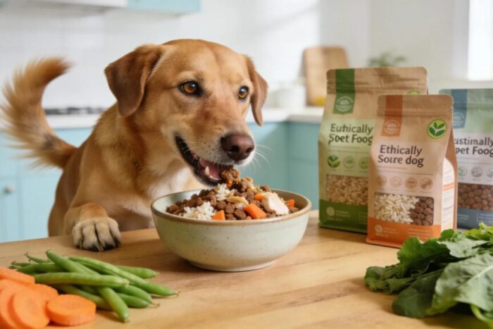 Happy dog eating ethically sourced dog food with fresh ingredients in a modern kitchen setting