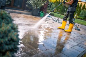 A worker in yellow boots sprays water across glossy pavers to pressure washes a stone patio beside a home.
